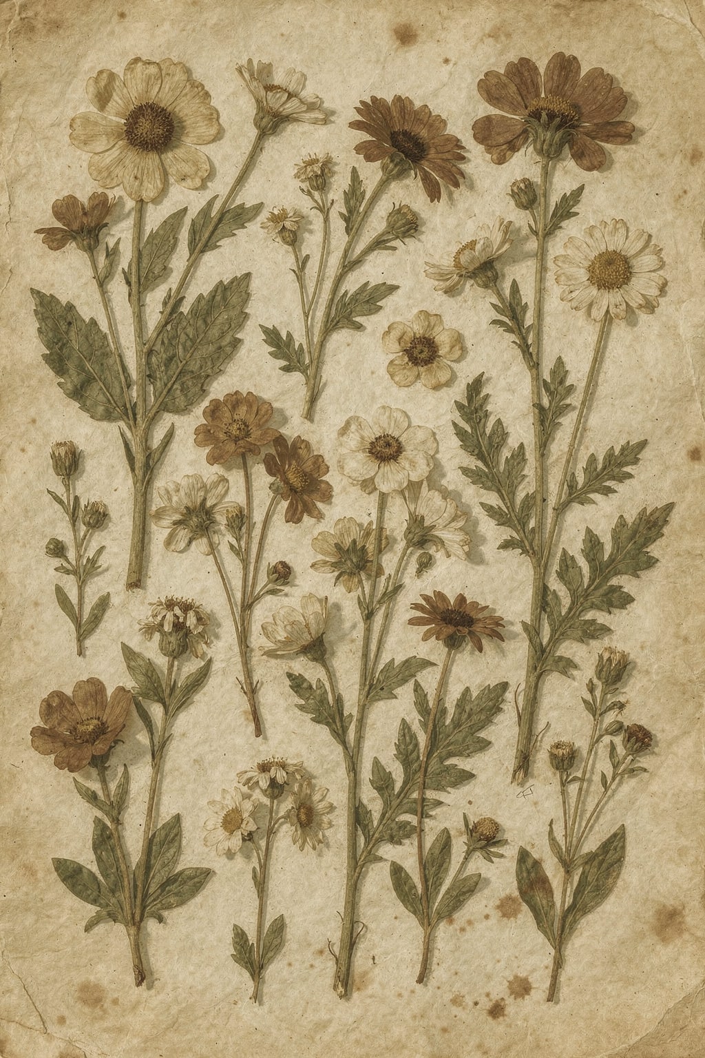 Vintage botanical herbarium — pressed wildflowers, muted cream and sage