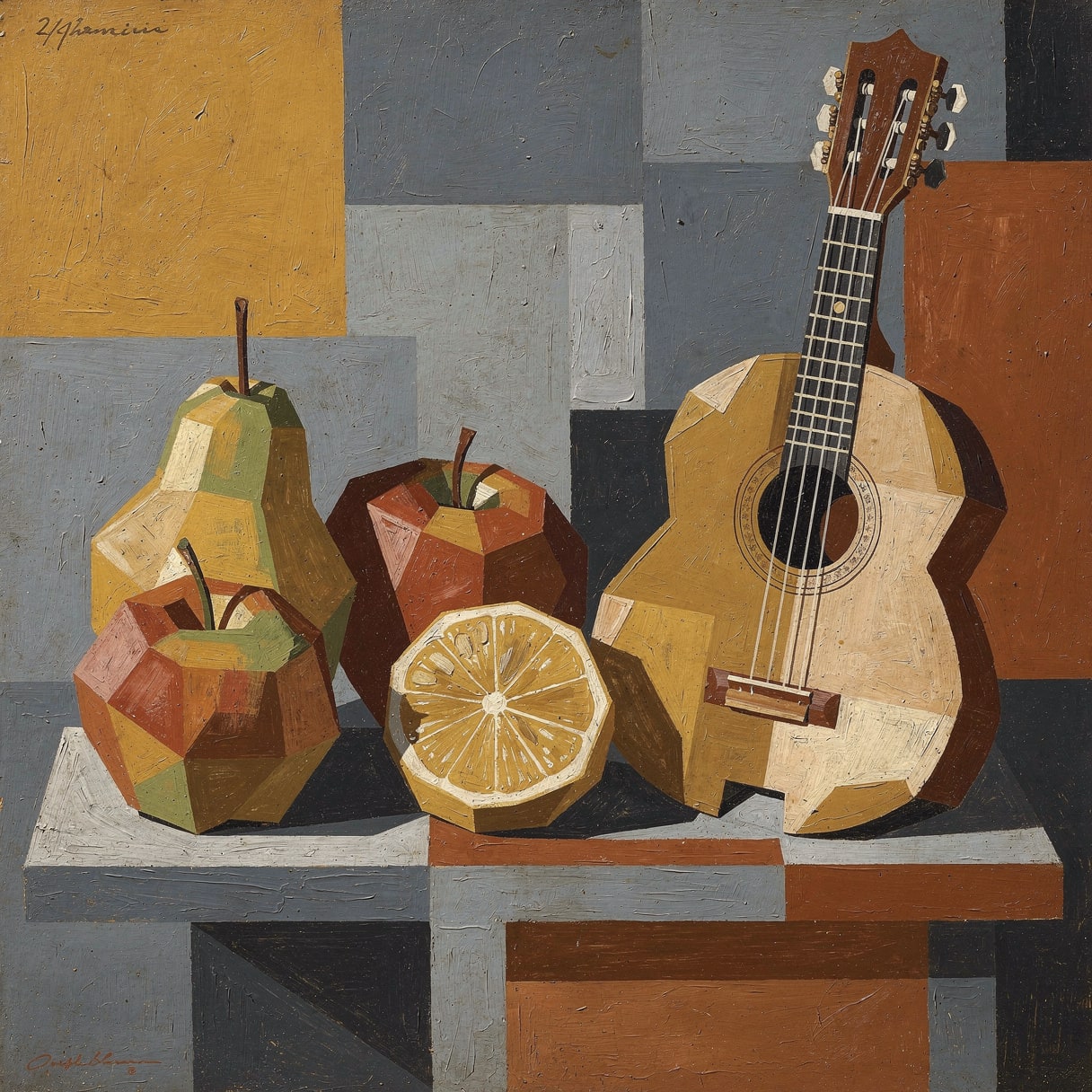 Cubist still life with fruit and a mandolin — warm ochre, slate and rust