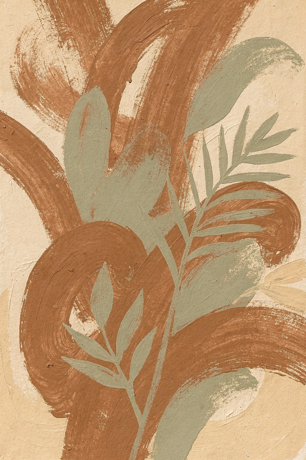 Bold abstract botanical — terracotta, sage and cream, gestural strokes