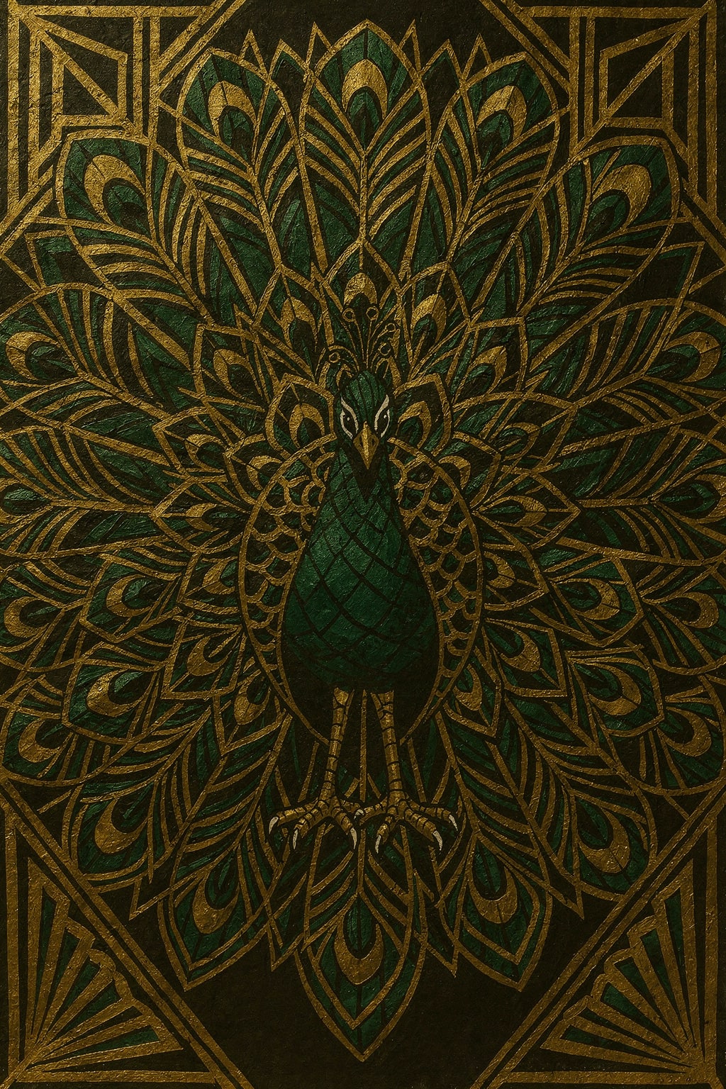 Art deco geometric peacock, gold leaf and deep emerald, ornate symmetry