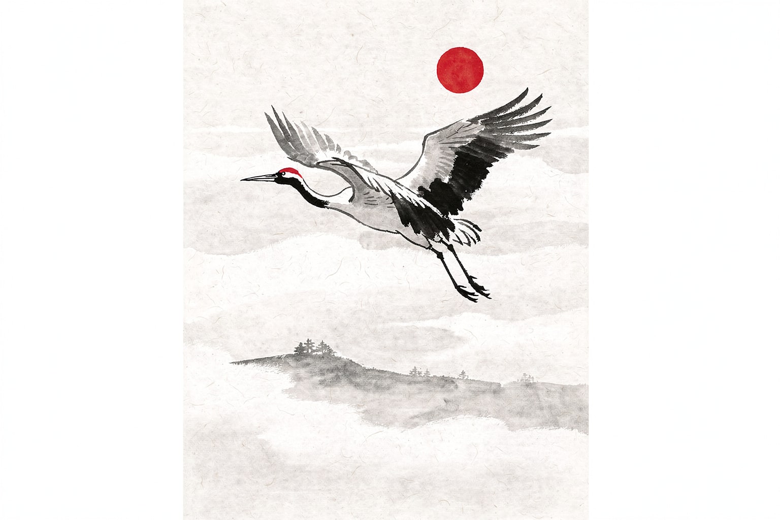 Sumi-e ink crane in flight over mist, minimal, a single red sun